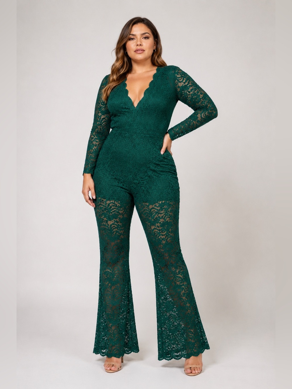bebe Emerald Green Lace Long-Sleeve V-Neck Jumpsuit